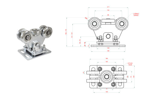 NV5C80 - nosný vozík pro c-profil C80 s pěti ocelovými koly